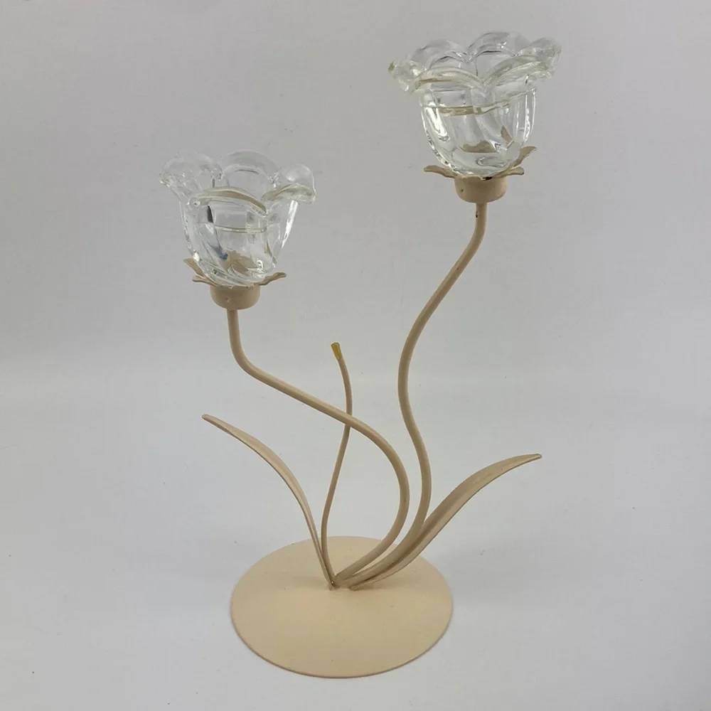 VTG Metal & Glass Floral Candle Holder 12”